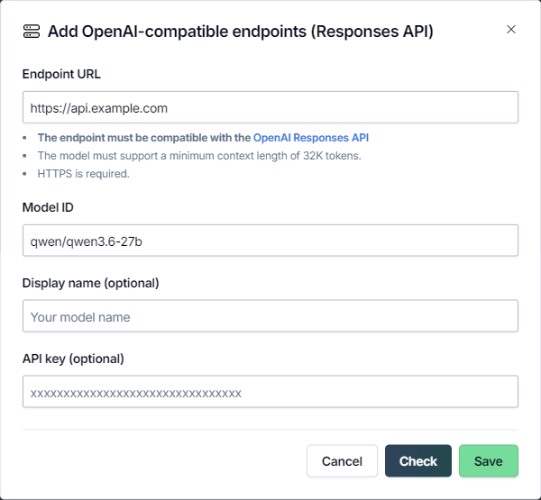 Define OpenAI-compatible API endpoint settings