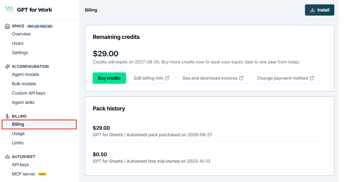 Remaining credits section on the Billing page