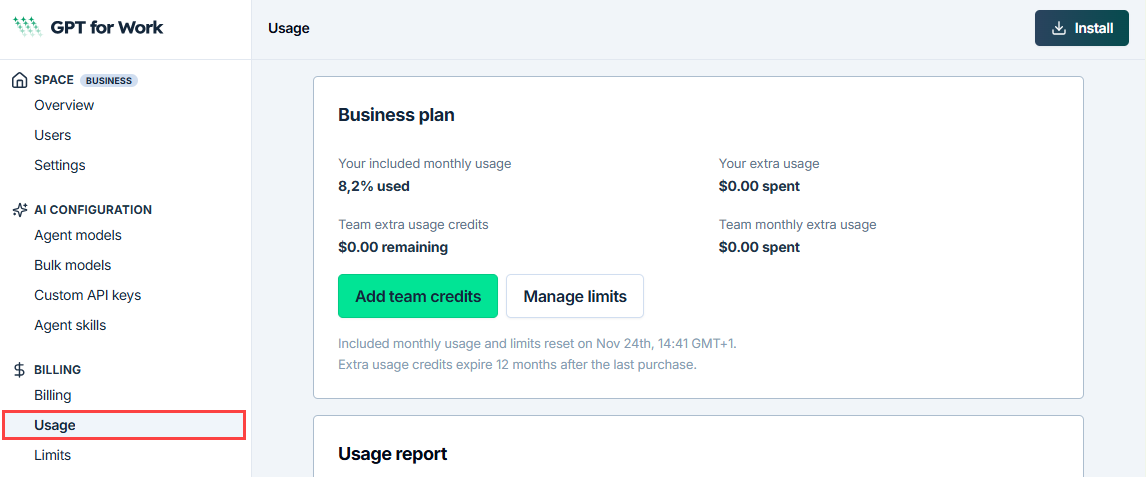 Usage page for a space with subscription pricing