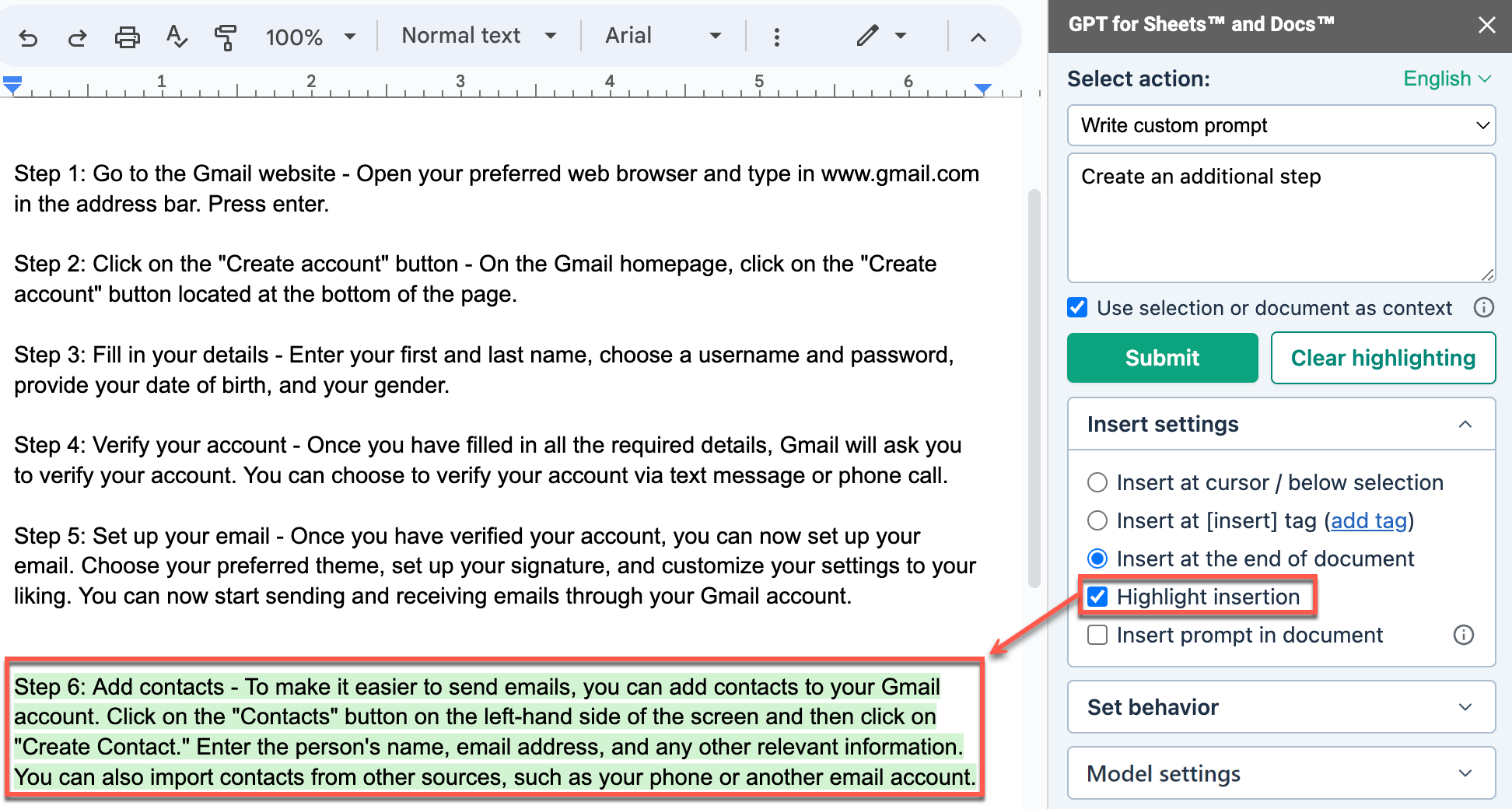 Google Doc with generated text highlighted in green and Highlight insertion option enabled in sidebar