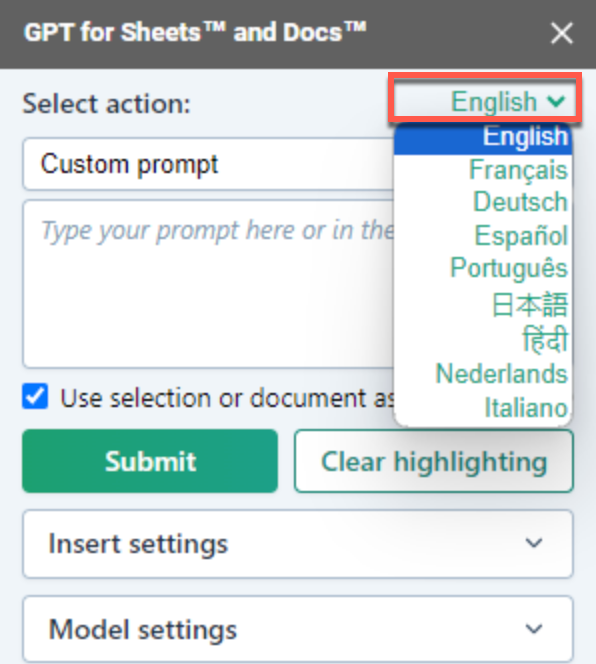 Language dropdown showing available prompt languages