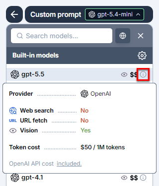 Model tooltip in the model switcher