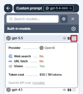 Model tooltip in the model switcher