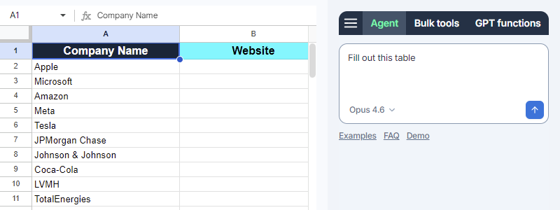 Sheet with example data and a prompt for the Agent