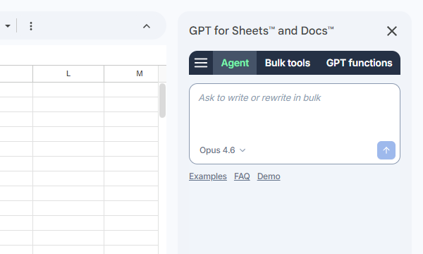 Spreadsheet with GPT for Sheets sidebar