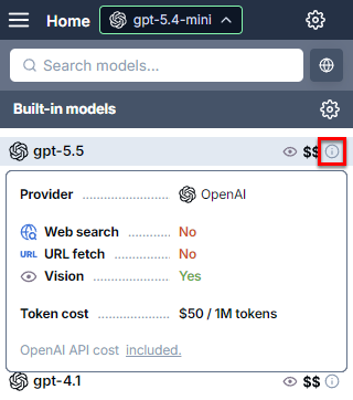 Model tooltip in the model switcher