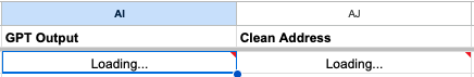 Spreadsheet cells showing Loading status in GPT Output column