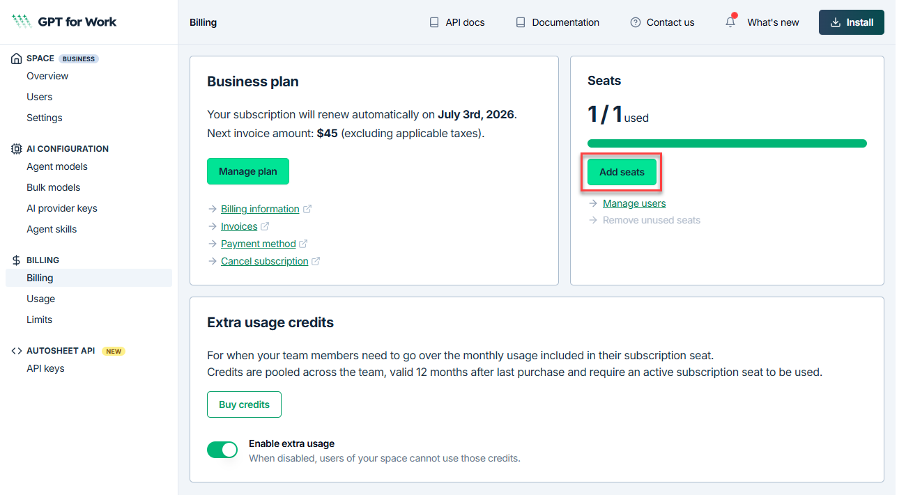 Add seats option on the Billing page