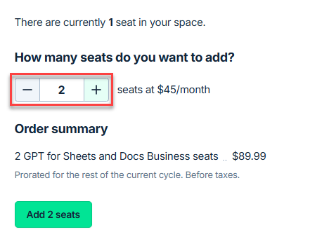 Seat selection screen showing the prorated charge preview