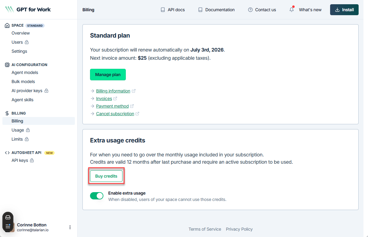 Buy credits option on the Billing page