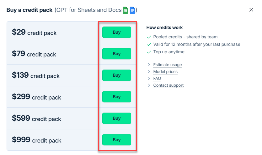 List of credit pack options