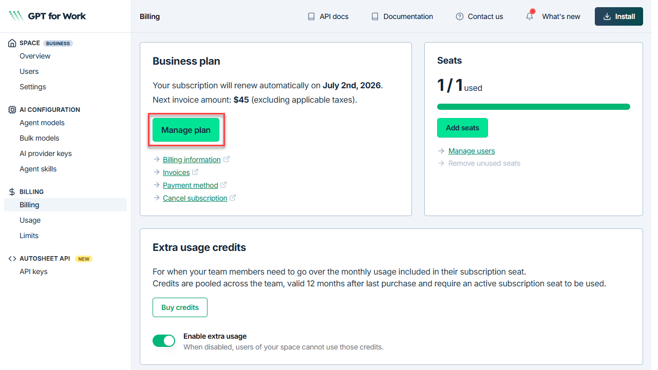 Billing page with the Manage plan button