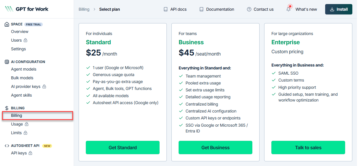 Billing page showing Standard, Business, and Enterprise plan options
