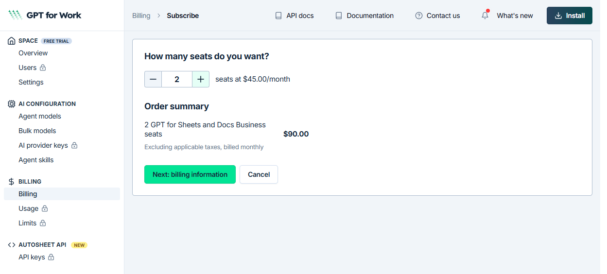 Subscribe page for selecting the number of Business seats