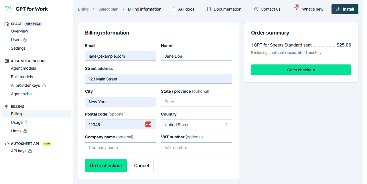 Billing information form