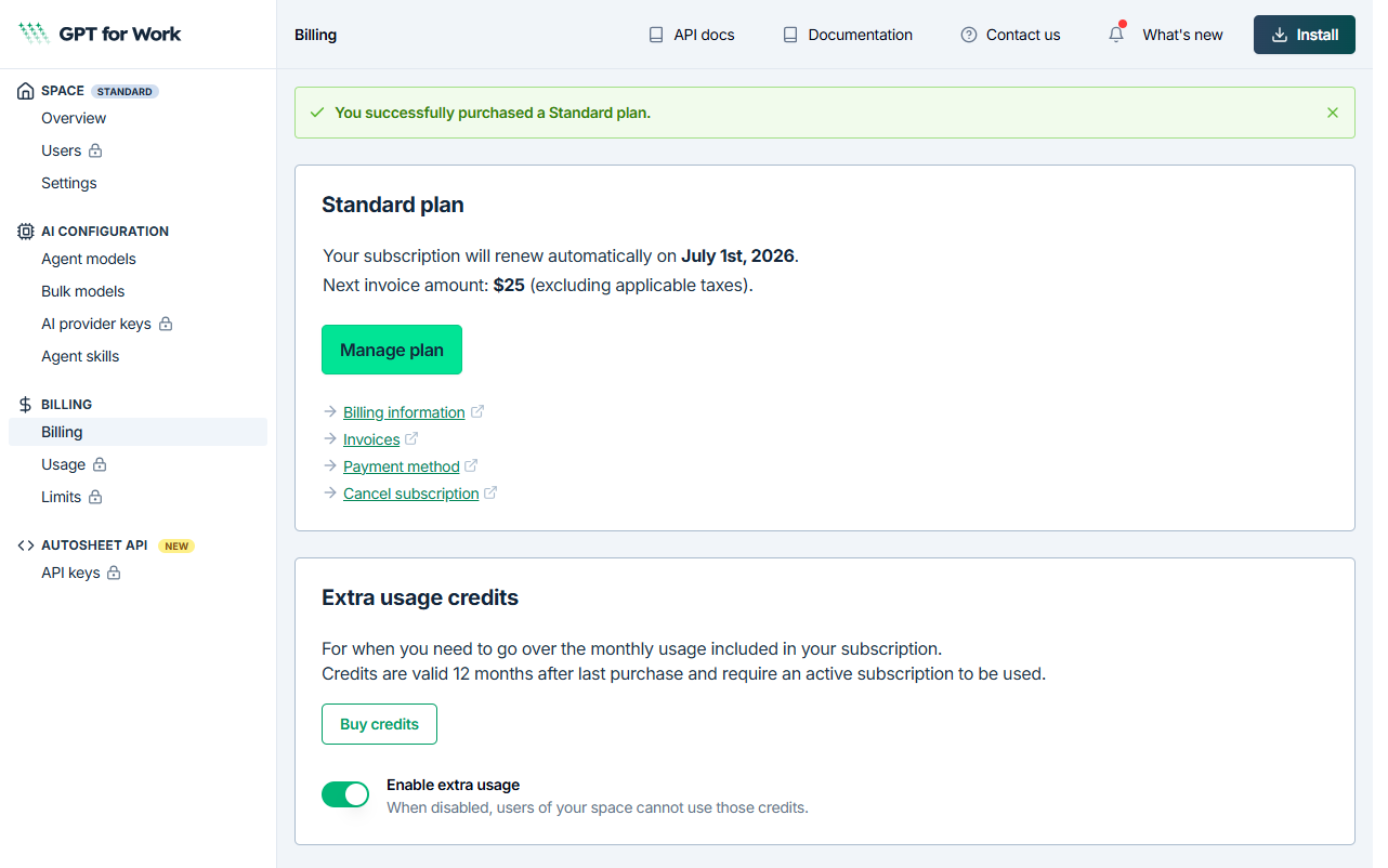 Dashboard after upgrading to a paid plan