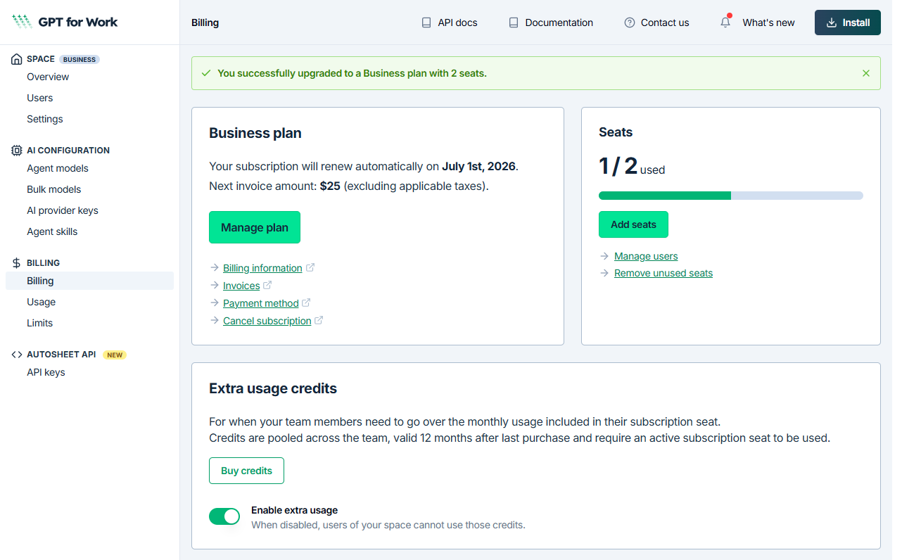 Dashboard after upgrading to the Business plan