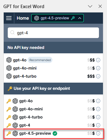 Model switcher showing GPT-4.5-preview model with API key