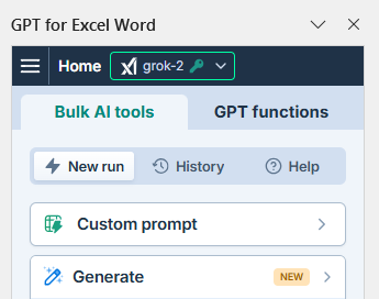 GPT for Excel Word sidebar with Grok-2 model selected