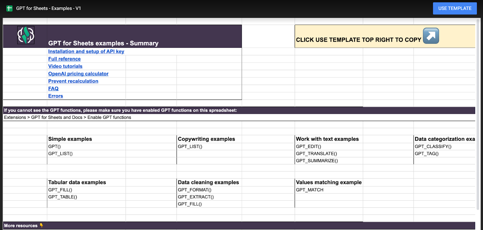 GPT functions template in Google Sheets