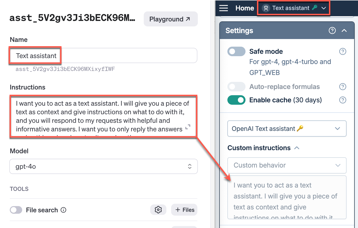 OpenAI Assistant settings in GPT for Sheets sidebar