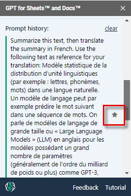 Favorite prompt button in GPT for Docs prompt history