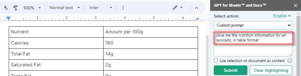 Table format response in GPT for Docs