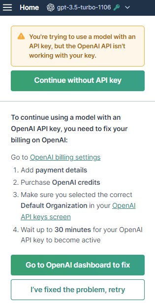 API key error message with troubleshooting details
