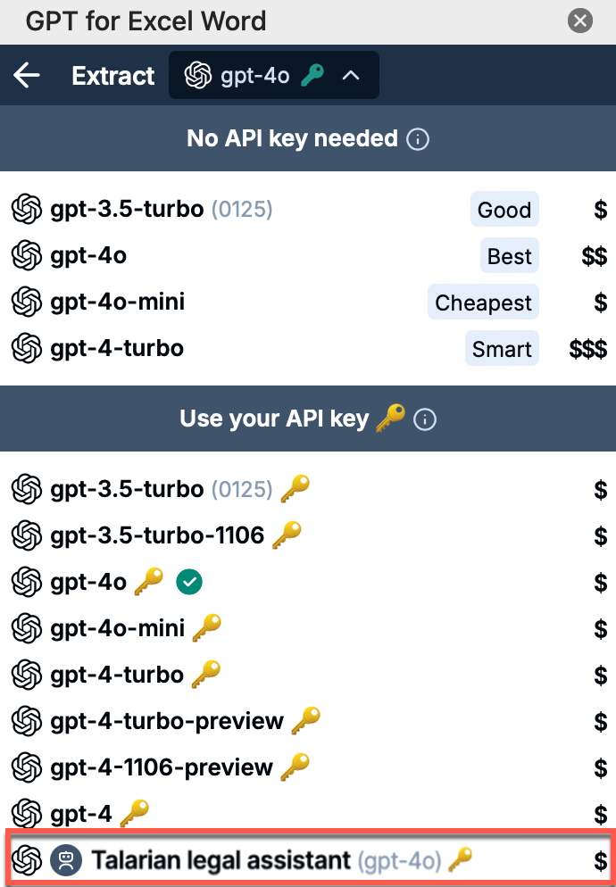 OpenAI Assistants in GPT for Excel model switcher