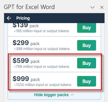 Large pack options ($599 and $999) in pricing menu