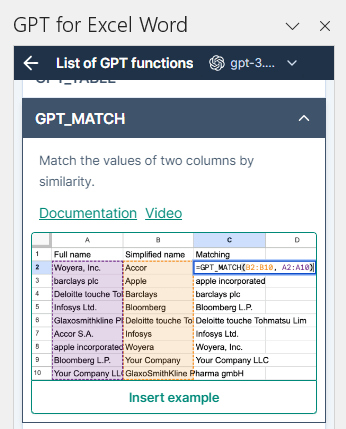 GPT_MATCH function matching values by similarity