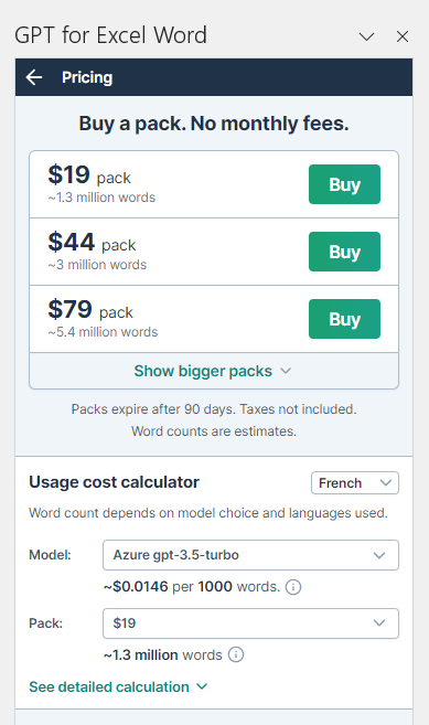 GPT for Excel pricing screen with word capacity