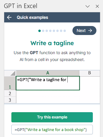 Onboarding examples in GPT for Excel sidebar
