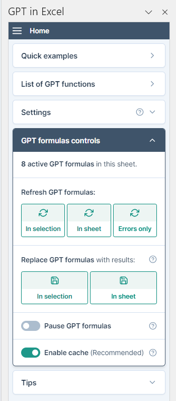 New GPT for Excel sidebar interface