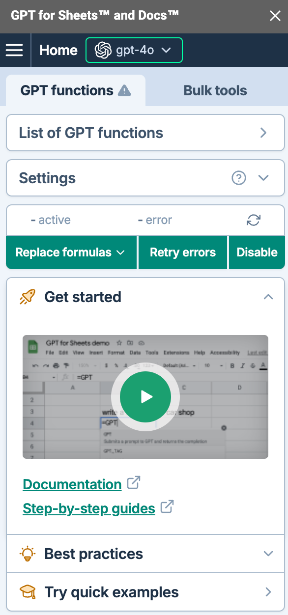 GPT for Sheets speedrun video in Get started section