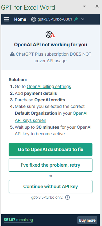 OpenAI API key troubleshooting screen