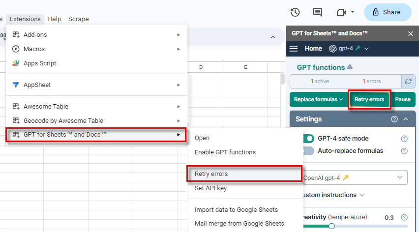 Retry errors option in Extension menu