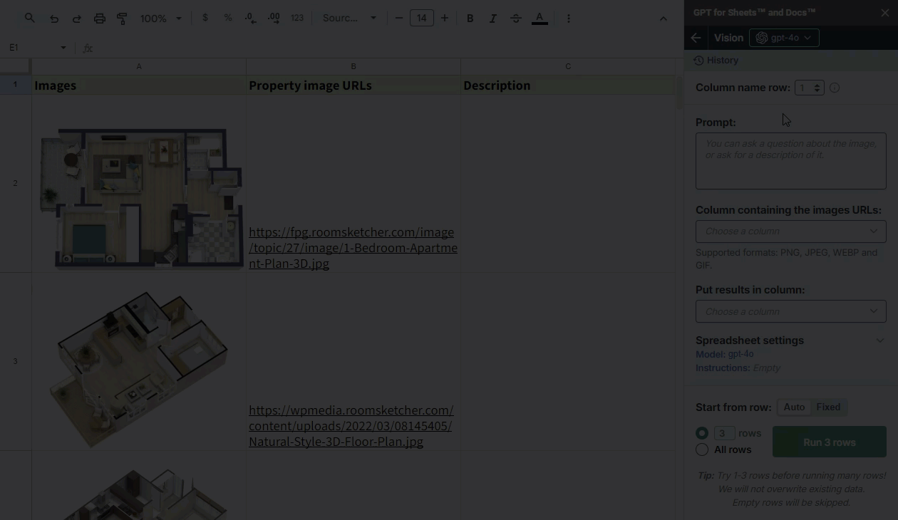 Prompt images Vision bulk tool analyzing image URLs