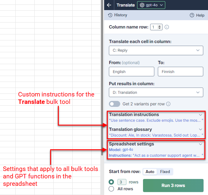 Custom instructions and settings preview in collapsed state