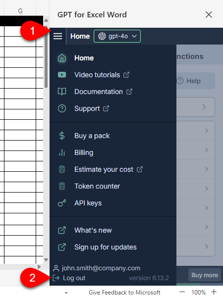 Log out option in GPT for Excel sidebar menu