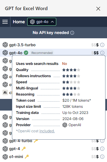 Model switcher with capability ratings tooltip