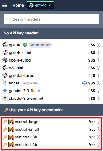 Model switcher showing Mistral models with API key