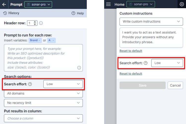 Sonar search effort option in bulk tools and model settings
