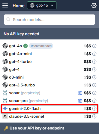Model switcher showing Gemini 2.0 Flash model highlighted