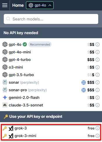 Model switcher showing xAI Grok 3 and Grok 3 mini models with API key