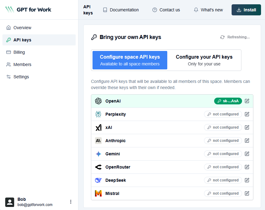 GPT for Work dashboard with space-level API keys configuration