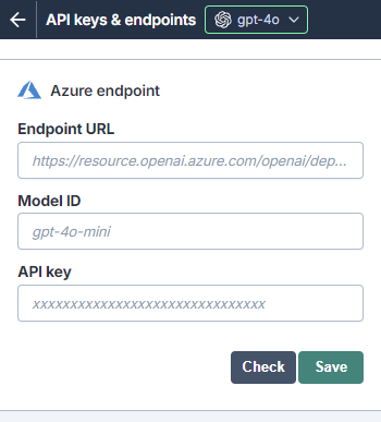 Azure endpoint configuration form with URL, Model ID and API key fields