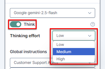 Gemini 2.5 Flash Think toggle and thinking effort options