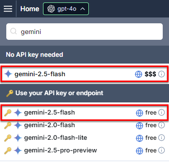 Model switcher showing Gemini 2.5 Flash options