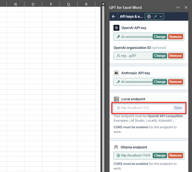 Local endpoint URL configuration in API keys settings